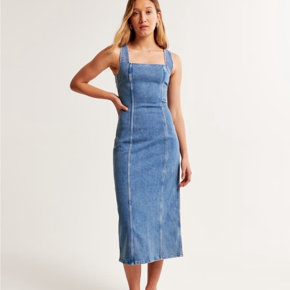 Abercrombie Denim Column midi dress in medium wash - Blue Denim Sleeveless Dress - Picture 2 of 4